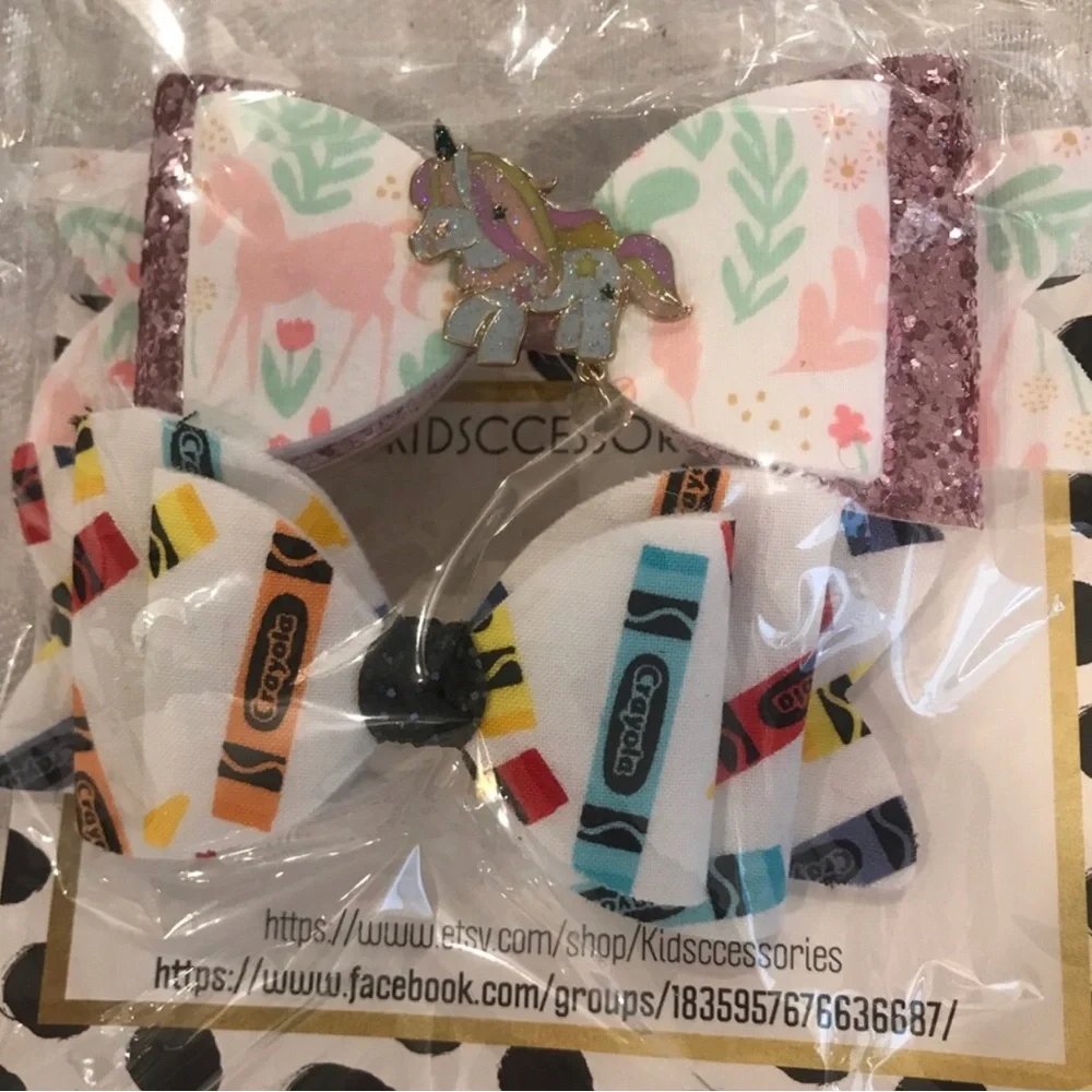 Kids Accessories Unicorn & Crayon Print Hair Bow Set - New